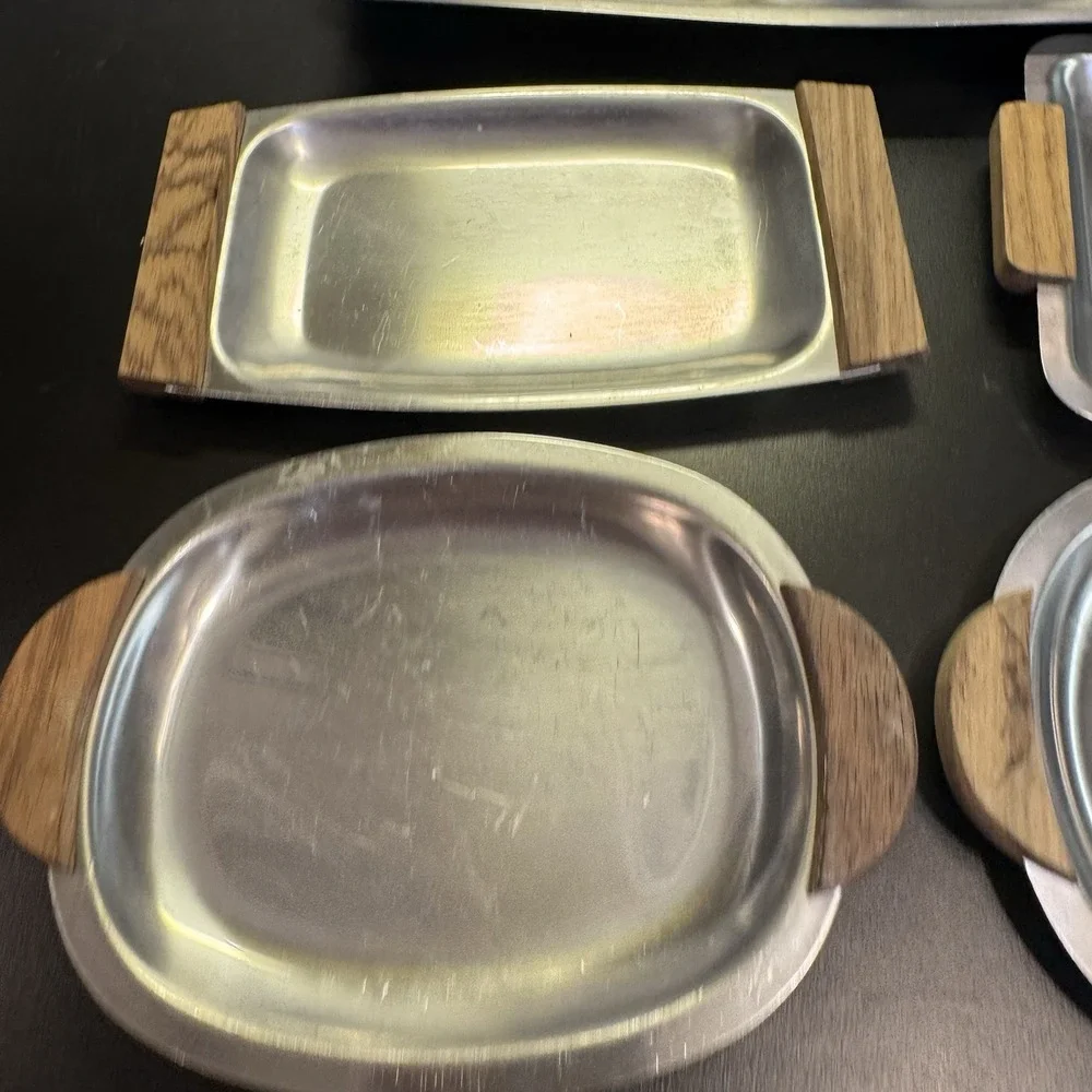 Vintage Imperial‎ Japan Relish Dish Tray Wooden Handles Set Of 5 Stainless MCM